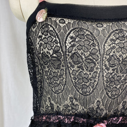 Antique 1920's Chemise Slip | Sheer Black Silk Chiffon with Chantilly Lace & Pink Ribbon | Size XS, S - Daggers & Dames