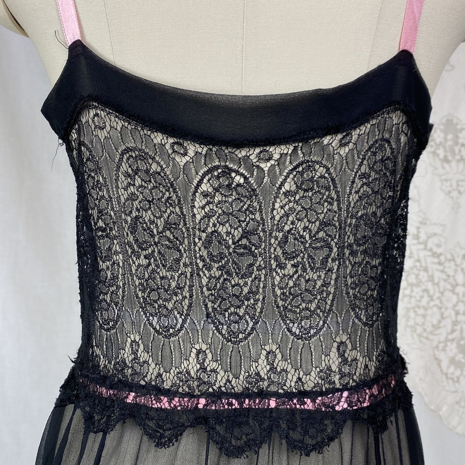 Antique 1920's Chemise Slip | Sheer Black Silk Chiffon with Chantilly Lace & Pink Ribbon | Size XS, S - Daggers & Dames