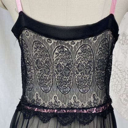 Antique 1920's Chemise Slip | Sheer Black Silk Chiffon with Chantilly Lace & Pink Ribbon | Size XS, S - Daggers & Dames
