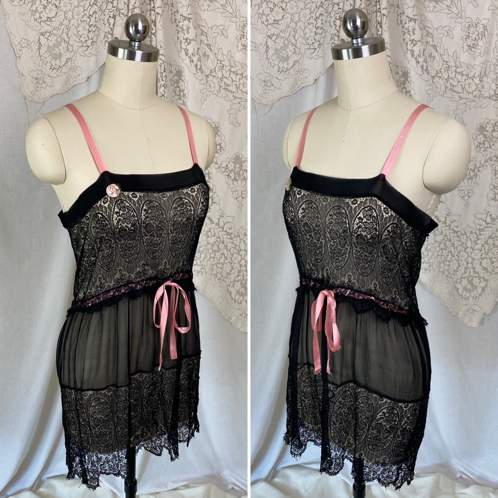 Antique 1920's Chemise Slip | Sheer Black Silk Chiffon with Chantilly Lace & Pink Ribbon | Size XS, S - Daggers & Dames
