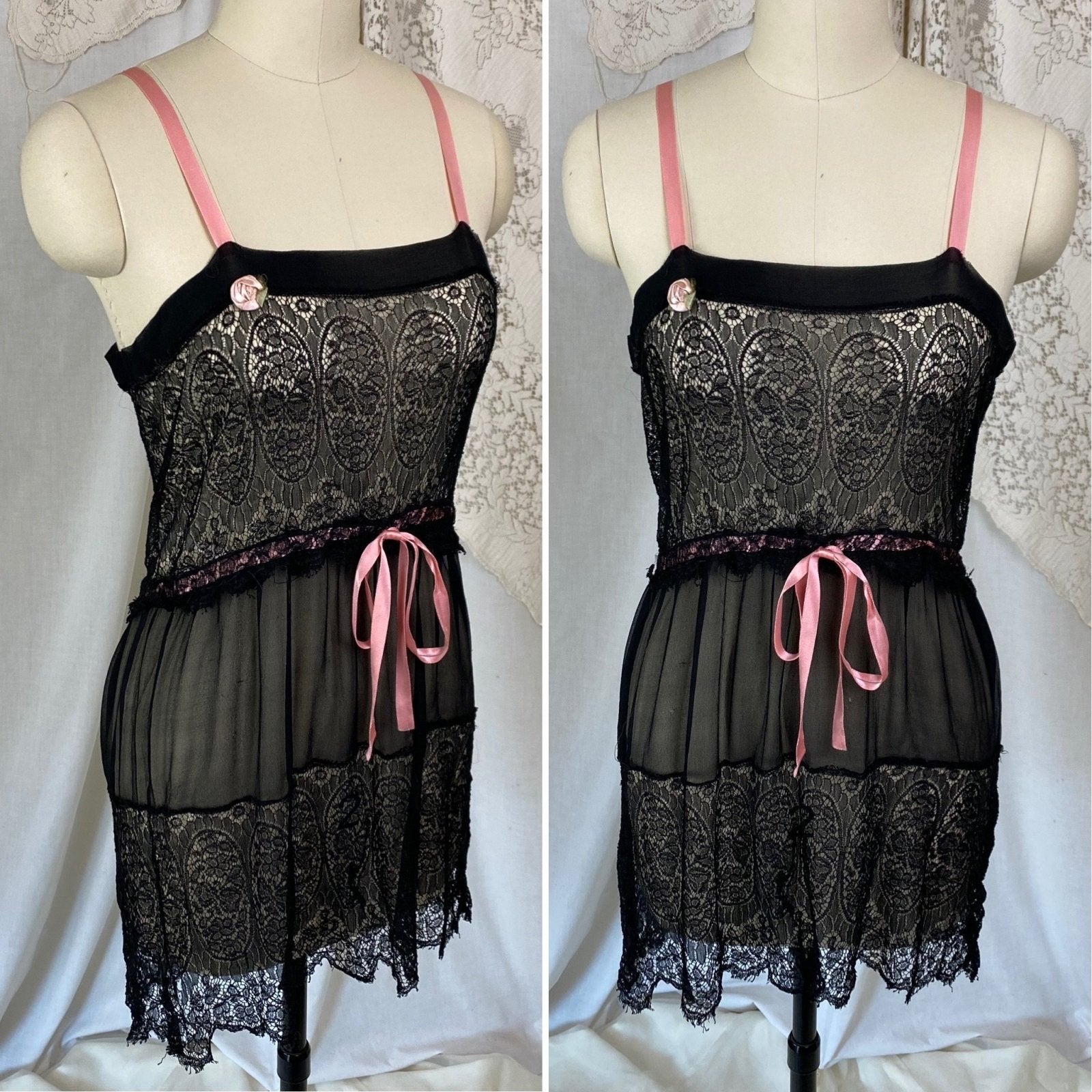 Antique 1920's Chemise Slip | Sheer Black Silk Chiffon with Chantilly Lace & Pink Ribbon | Size XS, S - Daggers & Dames