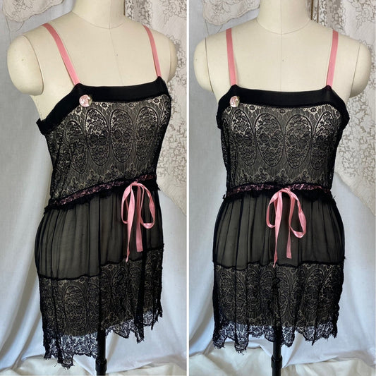 Antique 1920's Chemise Slip | Sheer Black Silk Chiffon with Chantilly Lace & Pink Ribbon | Size XS, S - Daggers & Dames