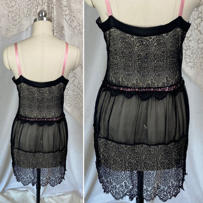 Antique 1920's Chemise Slip | Sheer Black Silk Chiffon with Chantilly Lace & Pink Ribbon | Size XS, S - Daggers & Dames
