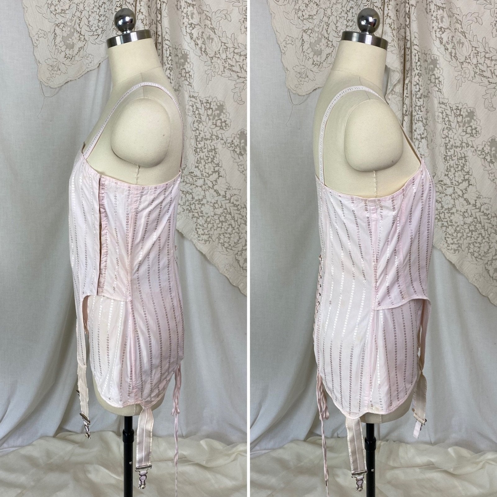 Antique 1920's Corselette | Powder Pink Cotton with Geo Satin Damask & Corset Lacing | Size S, M | Belfit Brassiere Co. -New in Box - Daggers & Dames