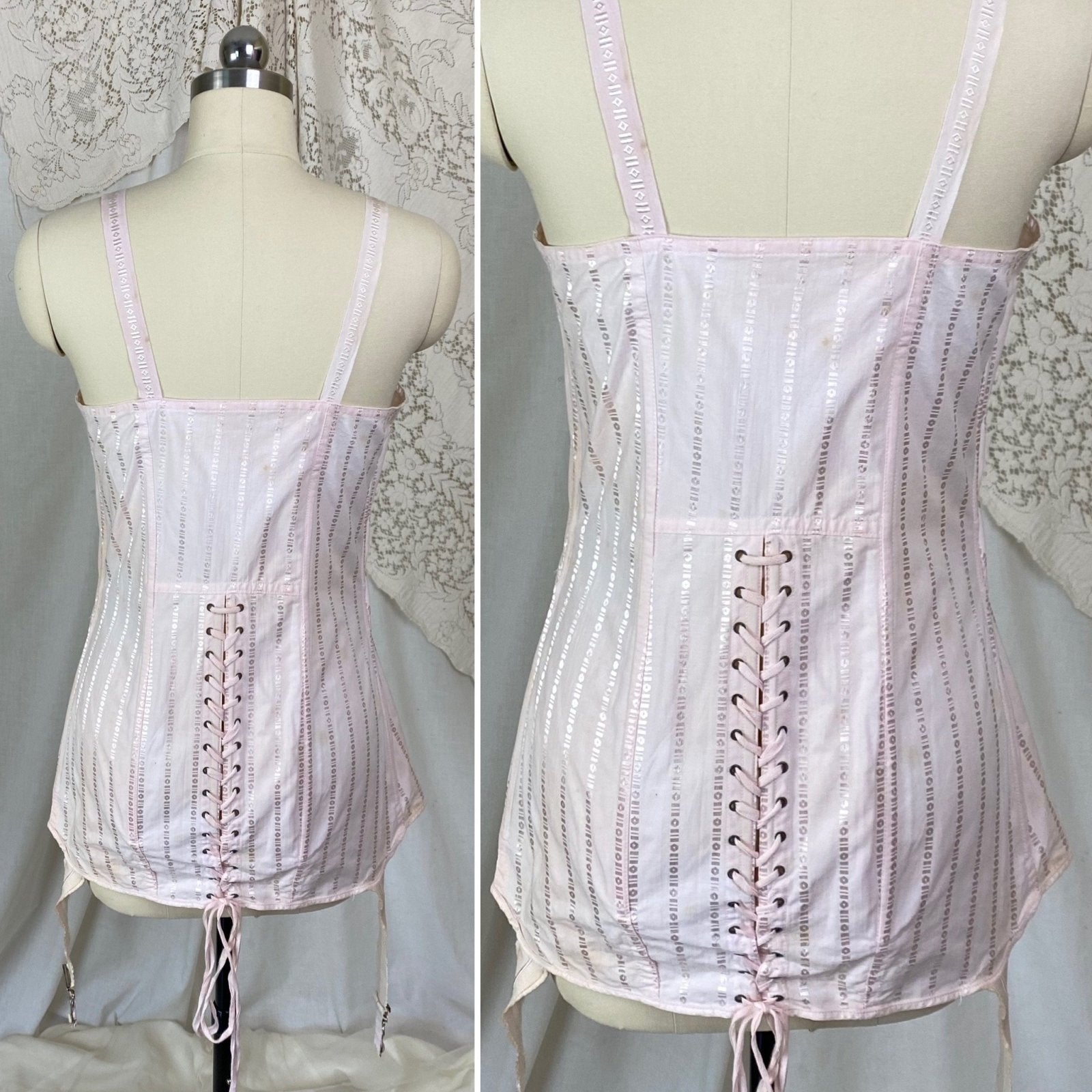 Antique 1920's Corselette | Powder Pink Cotton with Geo Satin Damask & Corset Lacing | Size S, M | Belfit Brassiere Co. -New in Box - Daggers & Dames