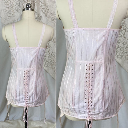 Antique 1920's Corselette | Powder Pink Cotton with Geo Satin Damask & Corset Lacing | Size S, M | Belfit Brassiere Co. -New in Box - Daggers & Dames