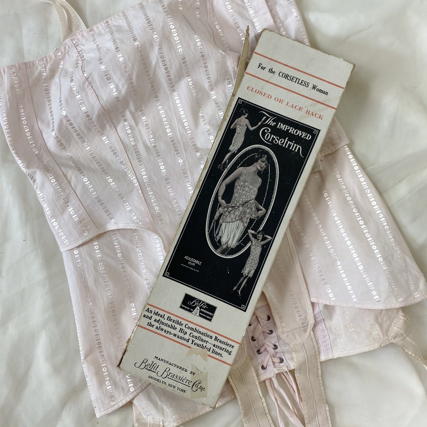 Antique 1920's Corselette | Powder Pink Cotton with Geo Satin Damask & Corset Lacing | Size S, M | Belfit Brassiere Co. -New in Box - Daggers & Dames