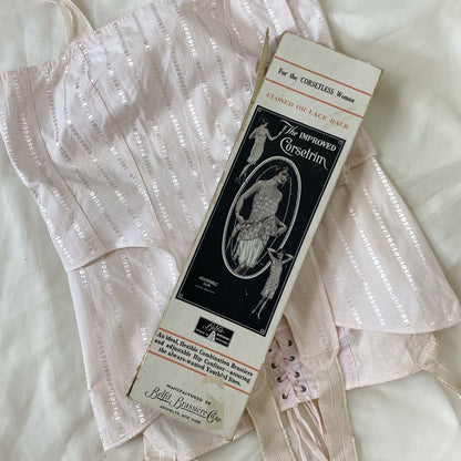 Antique 1920's Corselette | Powder Pink Cotton with Geo Satin Damask & Corset Lacing | Size S, M | Belfit Brassiere Co. -New in Box - Daggers & Dames