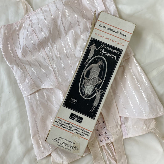 Antique 1920's Corselette | Powder Pink Cotton with Geo Satin Damask & Corset Lacing | Size S, M | Belfit Brassiere Co. -New in Box - Daggers & Dames