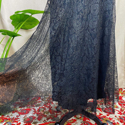 Antique 1920's Dress & Jacket Set | Black Floral Chantilly Lace with Bell Sleeves and Nude Detail | Size M - Daggers & Dames