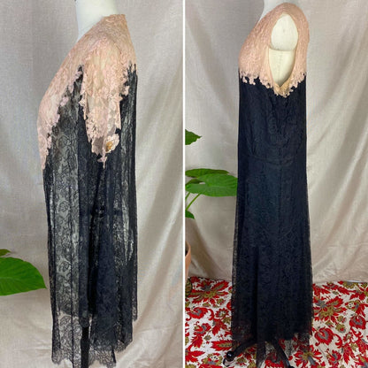 Antique 1920's Dress & Jacket Set | Black Floral Chantilly Lace with Bell Sleeves and Nude Detail | Size M - Daggers & Dames