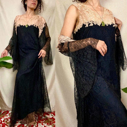 Antique 1920's Dress & Jacket Set | Black Floral Chantilly Lace with Bell Sleeves and Nude Detail | Size M - Daggers & Dames