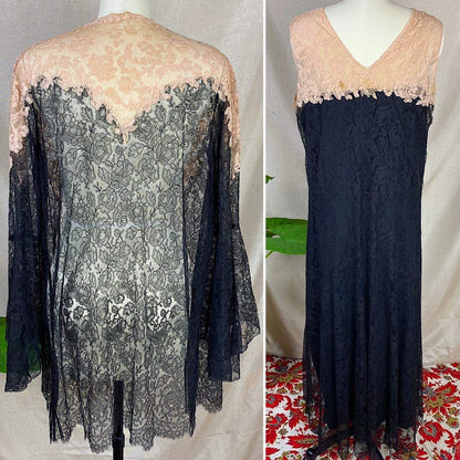 Antique 1920's Dress & Jacket Set | Black Floral Chantilly Lace with Bell Sleeves and Nude Detail | Size M - Daggers & Dames