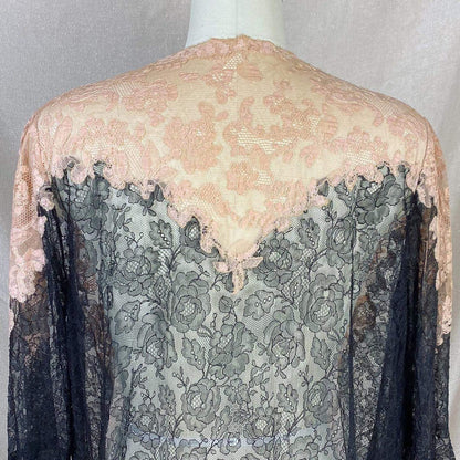 Antique 1920's Dress & Jacket Set | Black Floral Chantilly Lace with Bell Sleeves and Nude Detail | Size M - Daggers & Dames
