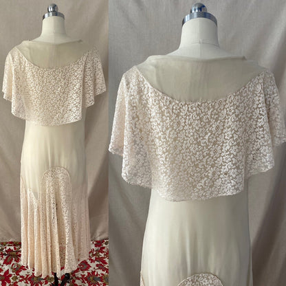 Antique 1920's Dress | Sheer Ivory Silk Chiffon with Floral Chantilly lace Bertha Collar & Skirt | Size 34-36 Bust, XS, S, M - Daggers & Dames