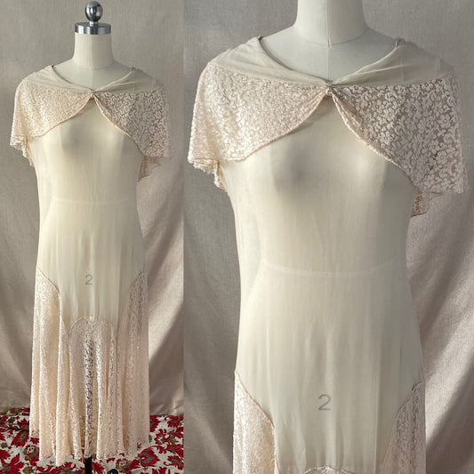 Antique 1920's Dress | Sheer Ivory Silk Chiffon with Floral Chantilly lace Bertha Collar & Skirt | Size 34-36 Bust, XS, S, M - Daggers & Dames