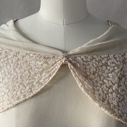 Antique 1920's Dress | Sheer Ivory Silk Chiffon with Floral Chantilly lace Bertha Collar & Skirt | Size 34-36 Bust, XS, S, M - Daggers & Dames