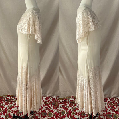 Antique 1920's Dress | Sheer Ivory Silk Chiffon with Floral Chantilly lace Bertha Collar & Skirt | Size 34-36 Bust, XS, S, M - Daggers & Dames