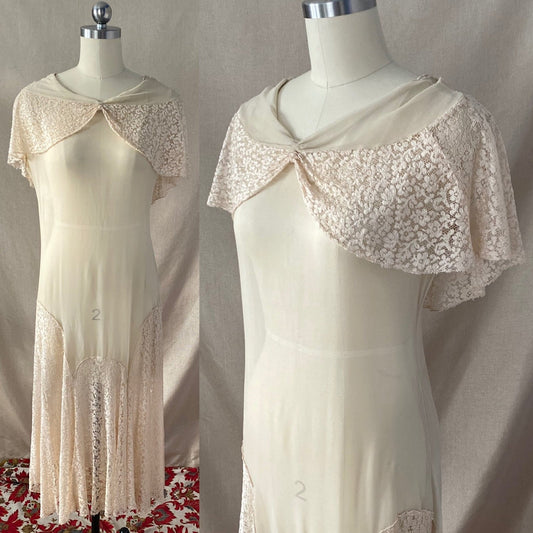 Antique 1920's Dress | Sheer Ivory Silk Chiffon with Floral Chantilly lace Bertha Collar & Skirt | Size 34-36 Bust, XS, S, M - Daggers & Dames
