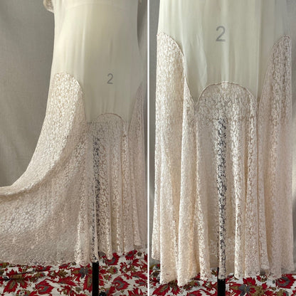 Antique 1920's Dress | Sheer Ivory Silk Chiffon with Floral Chantilly lace Bertha Collar & Skirt | Size 34-36 Bust, XS, S, M - Daggers & Dames