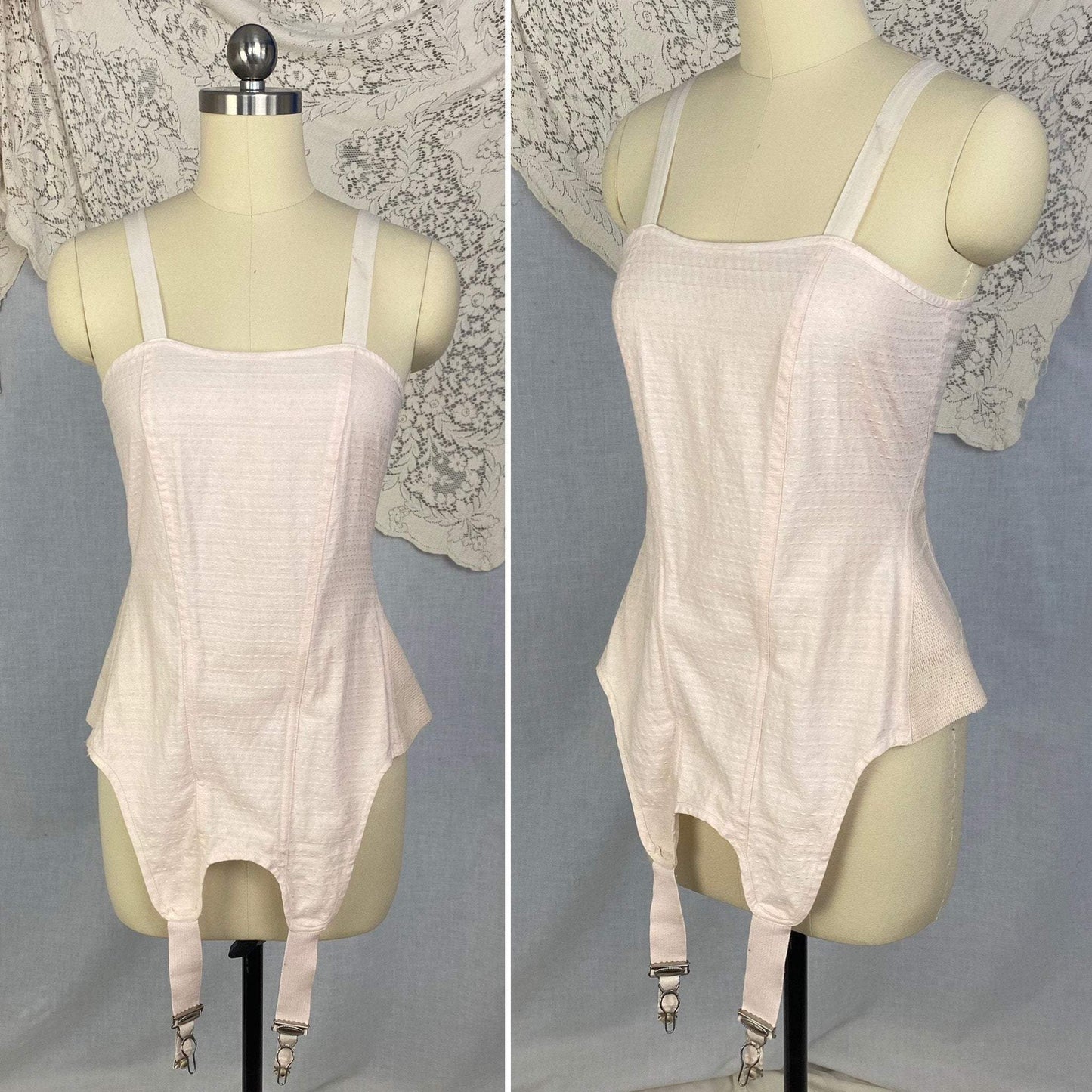 Antique 1920's Garter Brassiere | Pale Powder Pink Cotton Damask | Size 32 Bust, XS | Venus Brassiere Co. - Daggers & Dames
