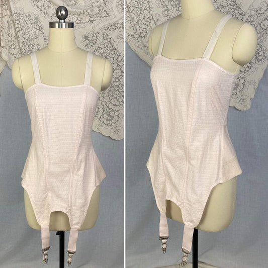 Antique 1920's Garter Brassiere | Pale Powder Pink Cotton Damask | Size 32 Bust, XS | Venus Brassiere Co. - Daggers & Dames