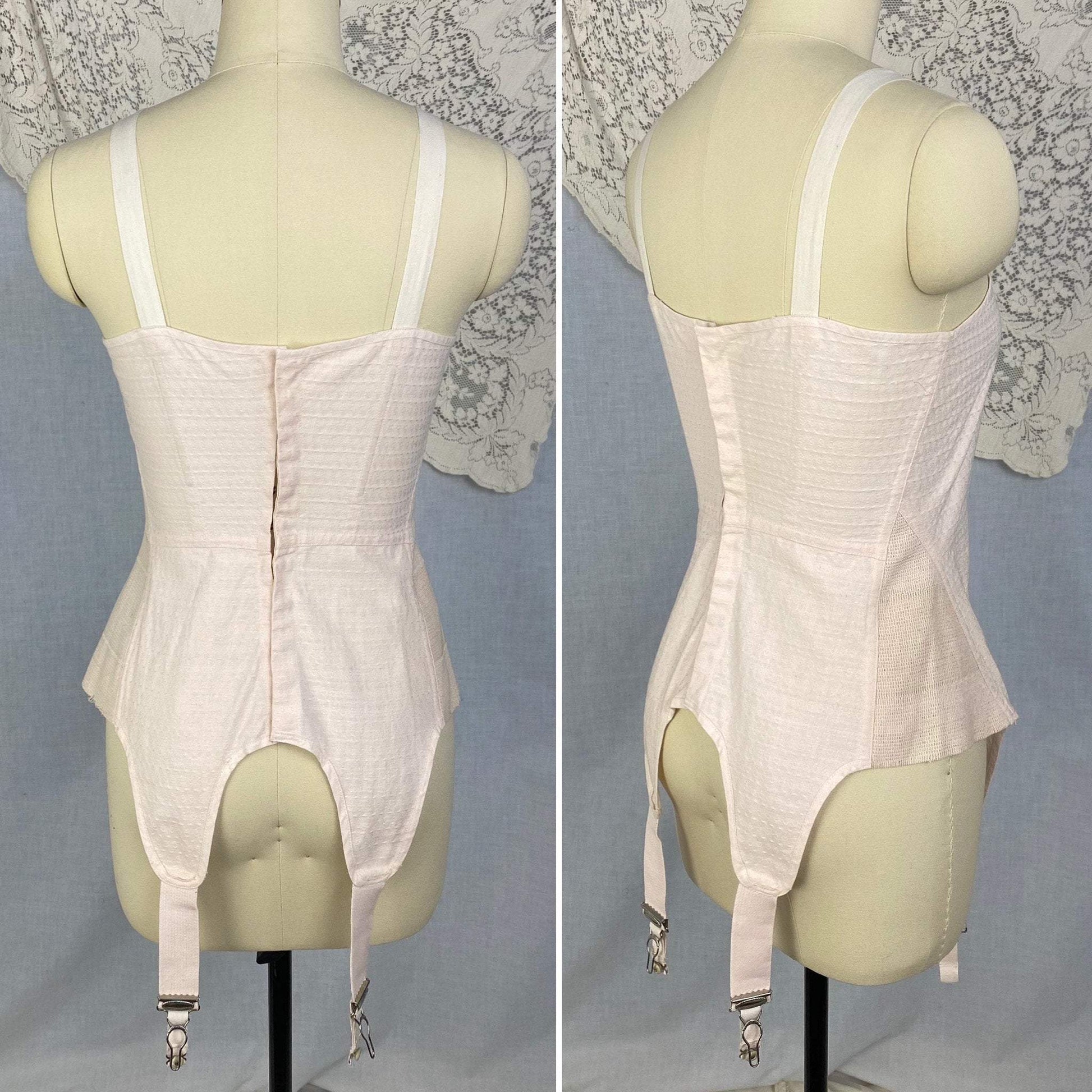 Antique 1920's Garter Brassiere | Pale Powder Pink Cotton Damask | Size 32 Bust, XS | Venus Brassiere Co. - Daggers & Dames