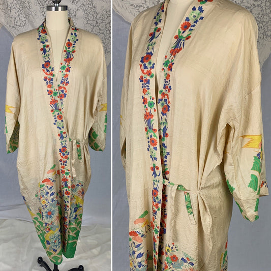 Antique 1920's Japanese Kimono Robe | Natural Pongee Raw Silk with Elaborate Floral Print | Size Free - Daggers & Dames