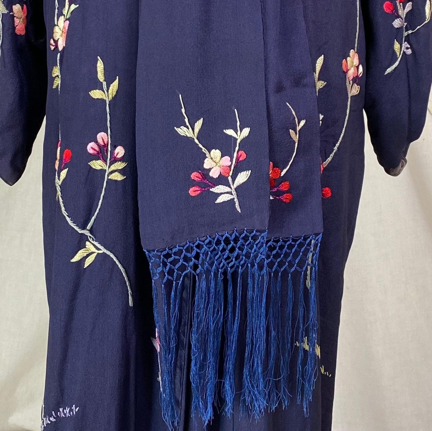 Antique 1920's Japanese Kimono Robe | Navy Blue Silk with Floral Cherry Blossom Hand Embroidery & Fringe Sash Tie | Size Free - Daggers & Dames