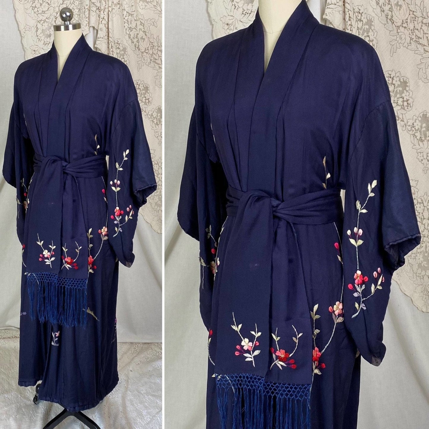 Antique 1920's Japanese Kimono Robe | Navy Blue Silk with Floral Cherry Blossom Hand Embroidery & Fringe Sash Tie | Size Free - Daggers & Dames