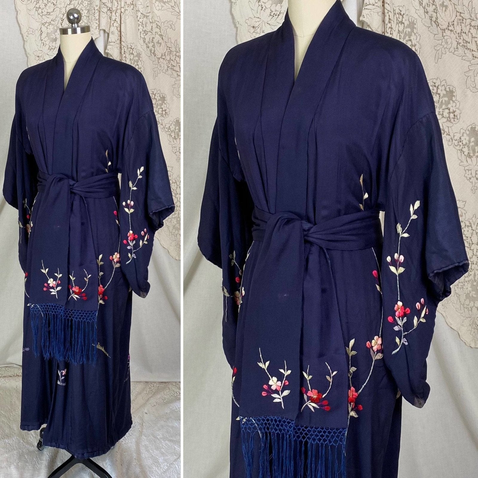 Antique 1920's Japanese Kimono Robe | Navy Blue Silk with Floral Cherry Blossom Hand Embroidery & Fringe Sash Tie | Size Free - Daggers & Dames