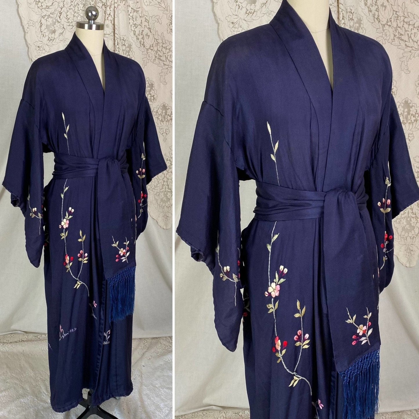 Antique 1920's Japanese Kimono Robe | Navy Blue Silk with Floral Cherry Blossom Hand Embroidery & Fringe Sash Tie | Size Free - Daggers & Dames