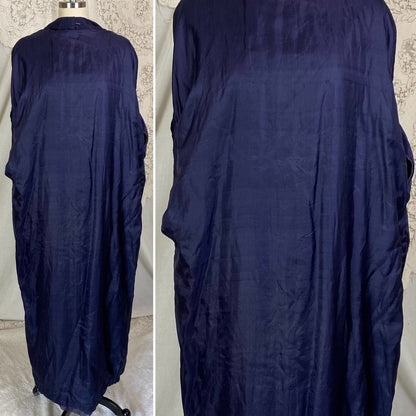 Antique 1920's Japanese Kimono Robe | Navy Blue Silk with Floral Cherry Blossom Hand Embroidery & Fringe Sash Tie | Size Free - Daggers & Dames
