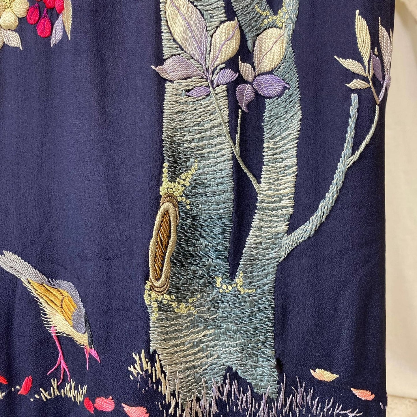 Antique 1920's Japanese Kimono Robe | Navy Blue Silk with Floral Cherry Blossom Hand Embroidery & Fringe Sash Tie | Size Free - Daggers & Dames