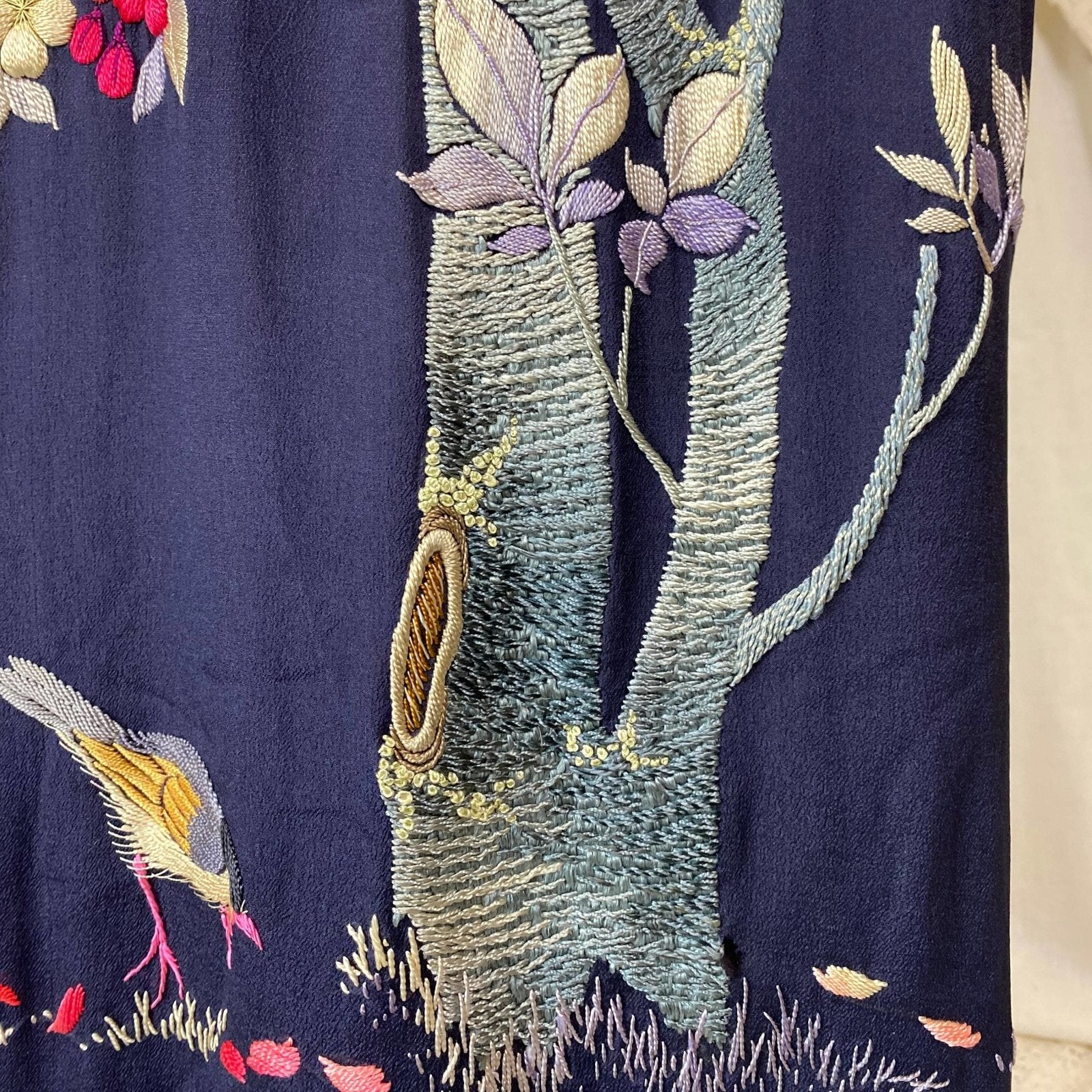 Antique 1920's Japanese Kimono Robe | Navy Blue Silk with Floral Cherry Blossom Hand Embroidery & Fringe Sash Tie | Size Free - Daggers & Dames