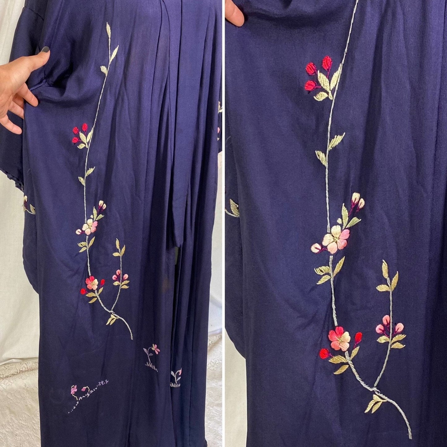 Antique 1920's Japanese Kimono Robe | Navy Blue Silk with Floral Cherry Blossom Hand Embroidery & Fringe Sash Tie | Size Free - Daggers & Dames