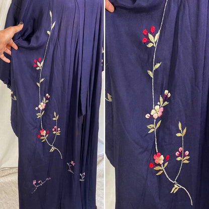 Antique 1920's Japanese Kimono Robe | Navy Blue Silk with Floral Cherry Blossom Hand Embroidery & Fringe Sash Tie | Size Free - Daggers & Dames