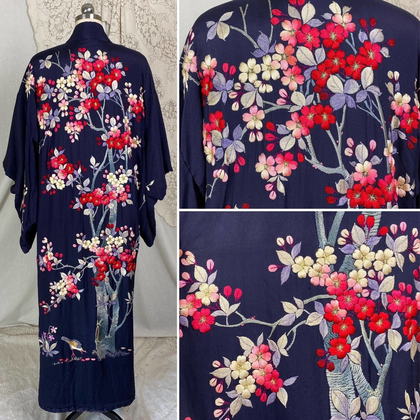 Antique 1920's Japanese Kimono Robe | Navy Blue Silk with Floral Cherry Blossom Hand Embroidery & Fringe Sash Tie | Size Free - Daggers & Dames
