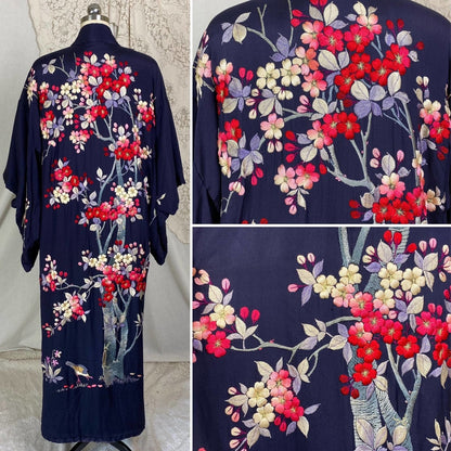 Antique 1920's Japanese Kimono Robe | Navy Blue Silk with Floral Cherry Blossom Hand Embroidery & Fringe Sash Tie | Size Free - Daggers & Dames