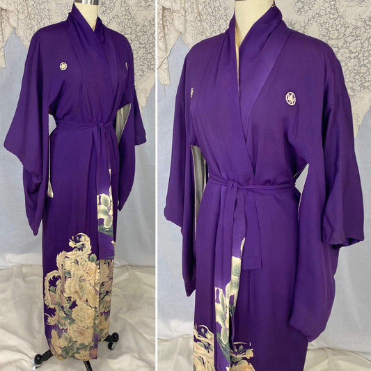 Antique 1920's Japanese Tomesode Kimono Robe | Royal Purple Silk with Hand Painted Floral Print & Rare Pekin Stitching | Hand Sewn Size Free - Daggers & Dames
