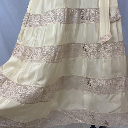 Antique 1920's Nightgown | Champagne Silk with Mocha Floral Lace & Waist Sash Tie | Size S, M, LG, XL | New Old Stock - Daggers & Dames
