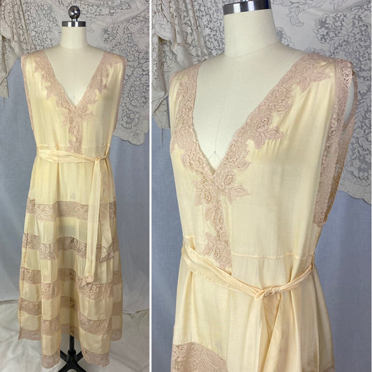 Antique 1920's Nightgown | Champagne Silk with Mocha Floral Lace & Waist Sash Tie | Size S, M, LG, XL | New Old Stock - Daggers & Dames