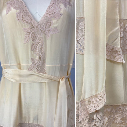 Antique 1920's Nightgown | Champagne Silk with Mocha Floral Lace & Waist Sash Tie | Size S, M, LG, XL | New Old Stock - Daggers & Dames