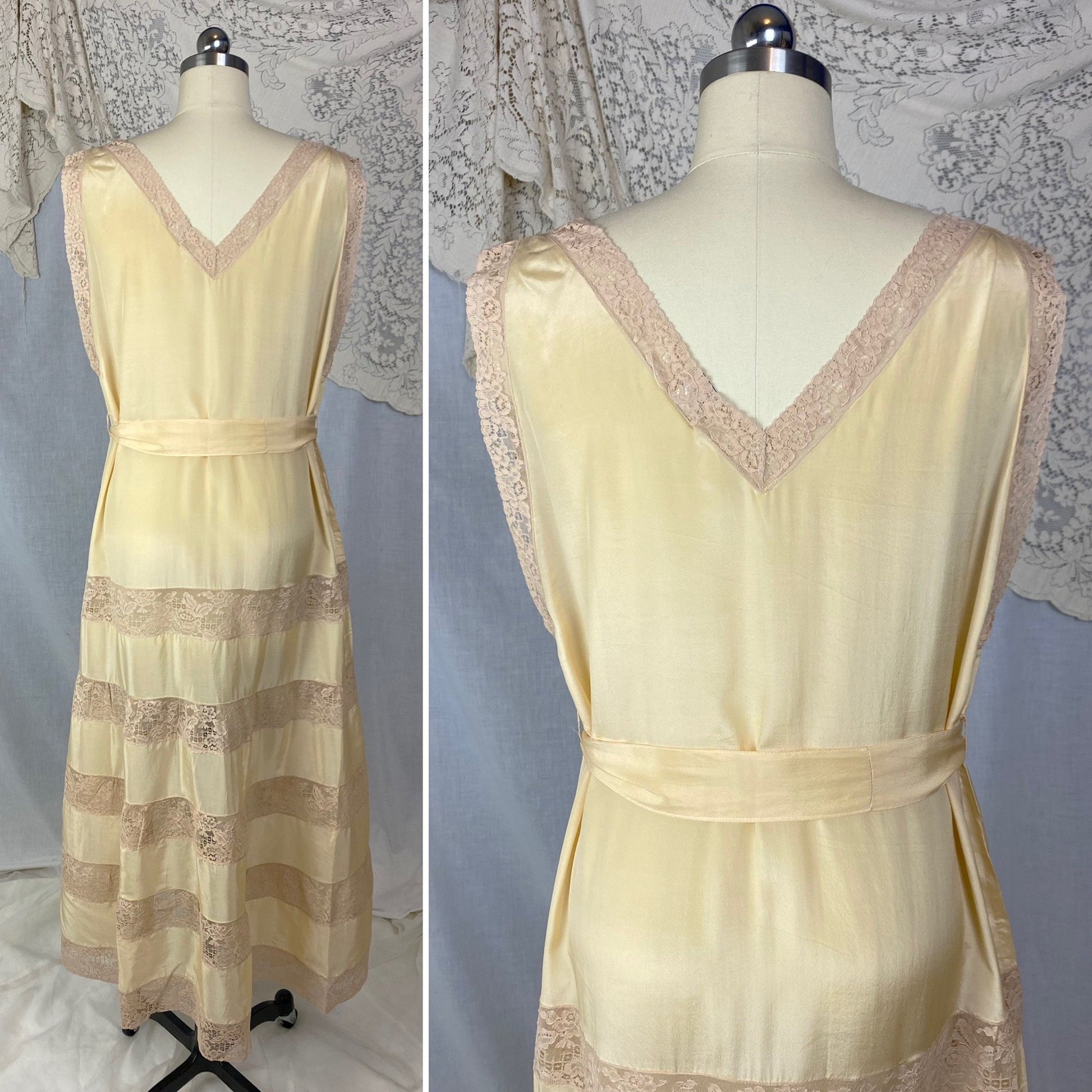 Antique 1920's Nightgown | Champagne Silk with Mocha Floral Lace & Waist Sash Tie | Size S, M, LG, XL | New Old Stock - Daggers & Dames