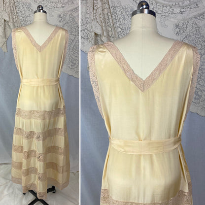Antique 1920's Nightgown | Champagne Silk with Mocha Floral Lace & Waist Sash Tie | Size S, M, LG, XL | New Old Stock - Daggers & Dames