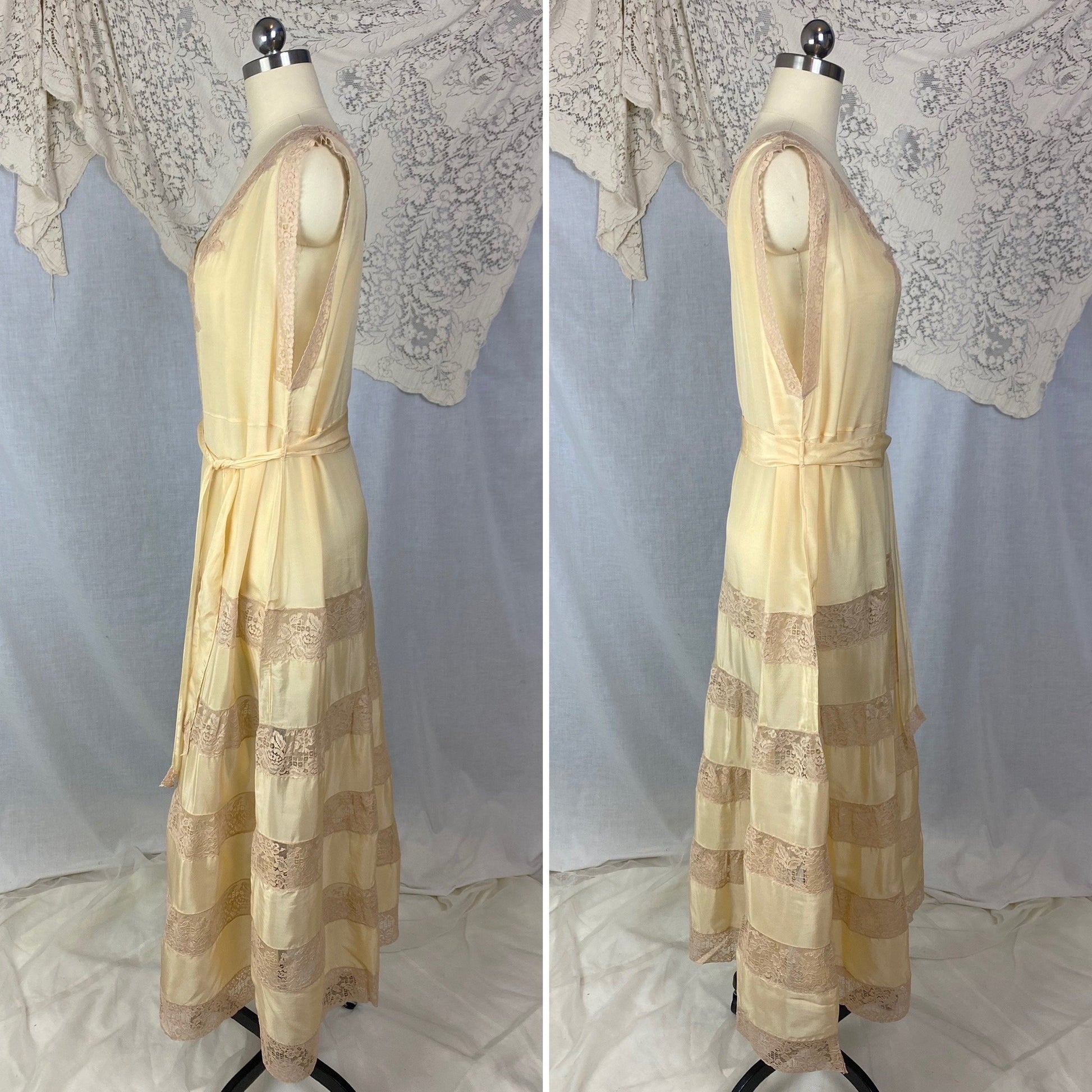 Antique 1920's Nightgown | Champagne Silk with Mocha Floral Lace & Waist Sash Tie | Size S, M, LG, XL | New Old Stock - Daggers & Dames