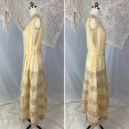 Antique 1920's Nightgown | Champagne Silk with Mocha Floral Lace & Waist Sash Tie | Size S, M, LG, XL | New Old Stock - Daggers & Dames
