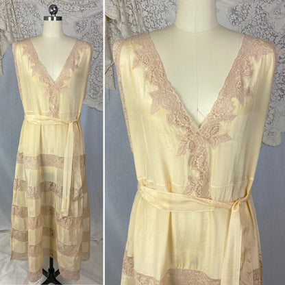 Antique 1920's Nightgown | Champagne Silk with Mocha Floral Lace & Waist Sash Tie | Size S, M, LG, XL | New Old Stock - Daggers & Dames