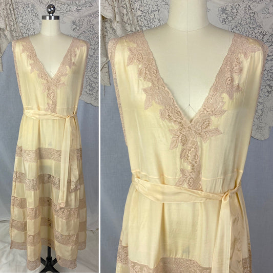 Antique 1920's Nightgown | Champagne Silk with Mocha Floral Lace & Waist Sash Tie | Size S, M, LG, XL | New Old Stock - Daggers & Dames