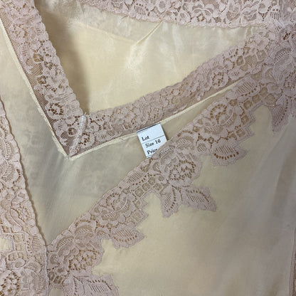Antique 1920's Nightgown | Champagne Silk with Mocha Floral Lace & Waist Sash Tie | Size S, M, LG, XL | New Old Stock - Daggers & Dames